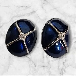 Vintage Silver Tone  80S IVANA TRUMP Blue Enamel Rhinestone Clip on Earrings